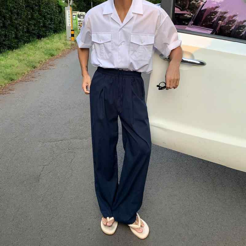 パンツ 男性用 リラックス テーパードパンツ ルーズ 無地 ロングパンツ 韓国 ストリート ドローストリング イージーパンツ コットン ブルー M L XL 2XL