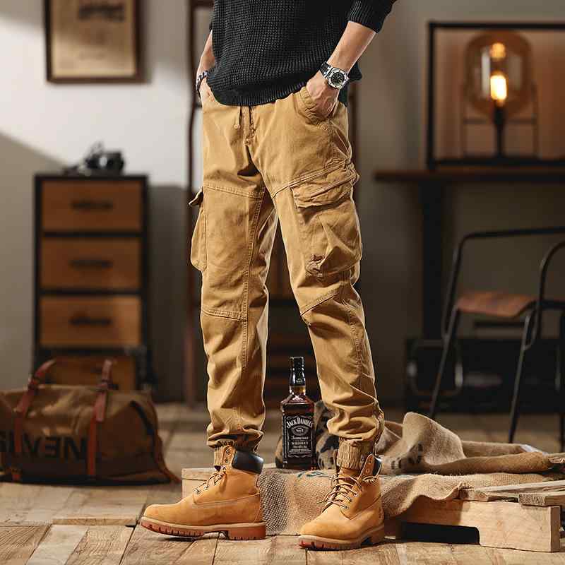 ワークパンツ メンズ カーゴパンツ ストリート系 洗い加工 テーパードパンツ ドローストリング ミリタリーパンツ 作業着 多ポケット 綿混紡 ブラック 黒 グレー カーキ 秋冬