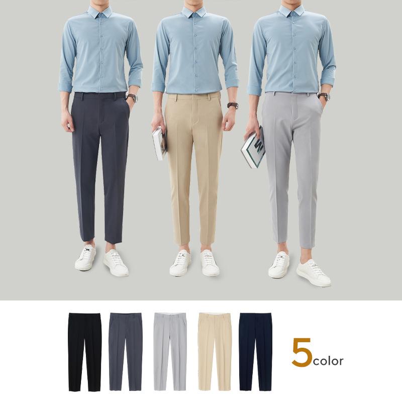 パンツ メンズ 9分丈 カジュアルパンツ 小柄 ビジネス スラックス 男性用 ボトムス ズボン 普段使い ポリエステル 無地 ブラック グレー ネイビー カーキ 春夏 秋冬