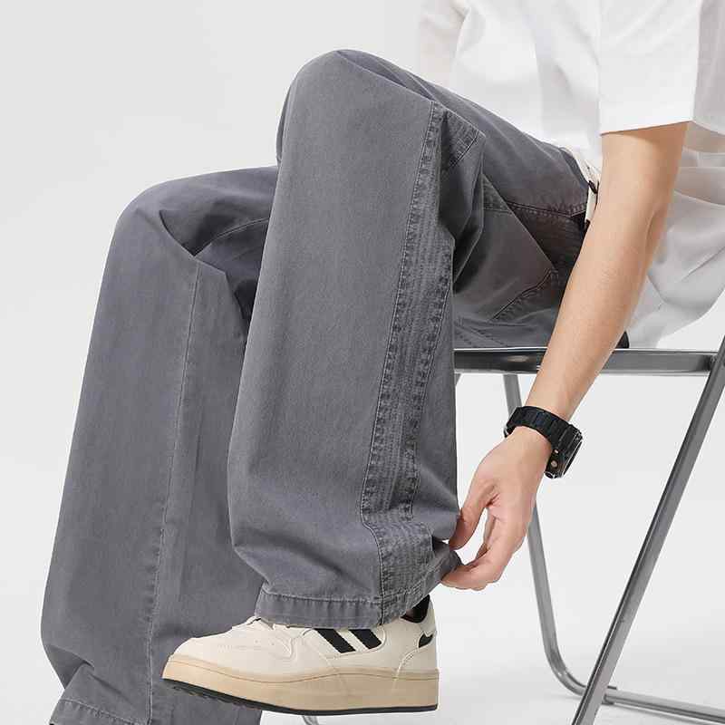 パンツ メンズ 纯棉 コットン 直筒型 カジュアルパンツ 無地 ゆったり ルーズ ロングパンツ ブラック グレー カーキ ブルー 春