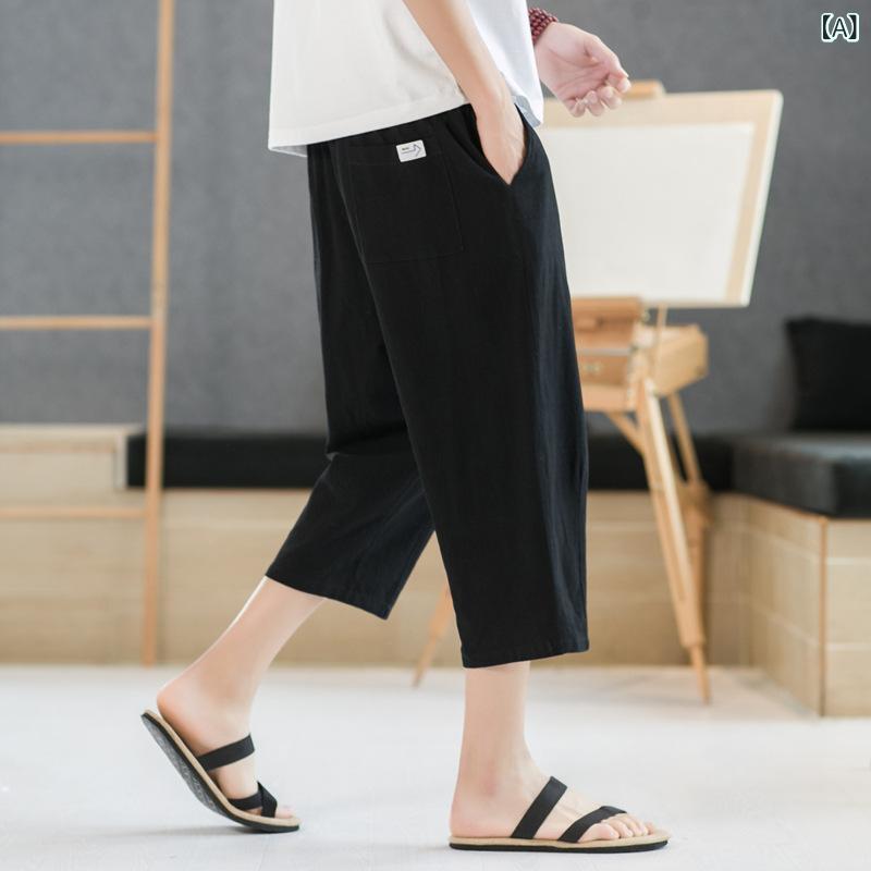 SINACOVA GOLF - 麻パンツ メンズ 薄手 コットンリネン 7分丈 8分丈 ワイドパンツ 大きいサイズ ゆったり カジュアル リラックス イージーパンツ ルームウェア 部屋着 春夏 ブラック グレー ネイビー