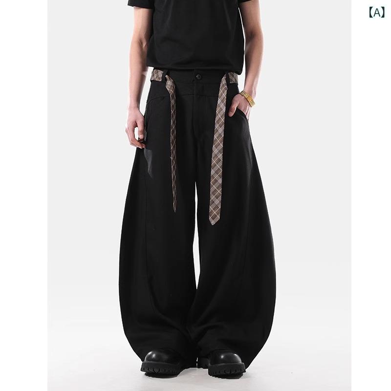 カジュアルパンツ 男性用 美式 街頭 ワイドレッグ ドレープ ストレートパンツ ロングパンツ 黒 ポリエステル 無地 中厚手 ポケット付き