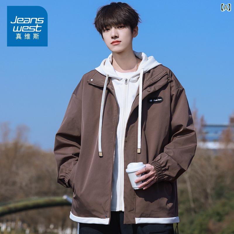 フェイクツーピース 重ね着風 ジャケット メンズ 春秋 ゆったり ワークウェア フード 付き ボーイズ.カ..