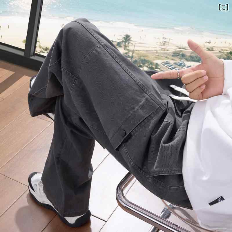 ワークパンツ メンズ ゆったり ストレート ワイドレッグ カーゴパンツ 無地 春秋 ...