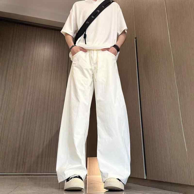 Men'S Wear - カジュアルパンツ メンズ ゆったり ストレート ワイドレッグパンツ スラックス イージーパンツ 無地 薄手 ポリエステル混紡 春夏 M L XL XXL XXXL 米白 黒 緑