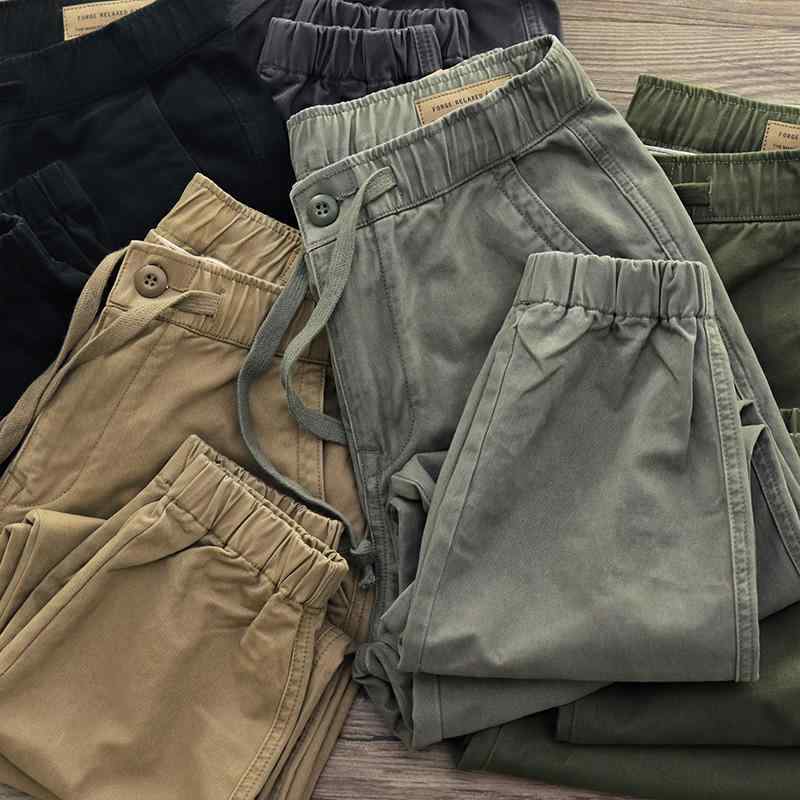 ワークパンツ 男性用 作業ズボン カーゴパンツ 綿 薄手 ルーズフィット 裾絞りタイプ ミリタリー カーキ グレー ブラック