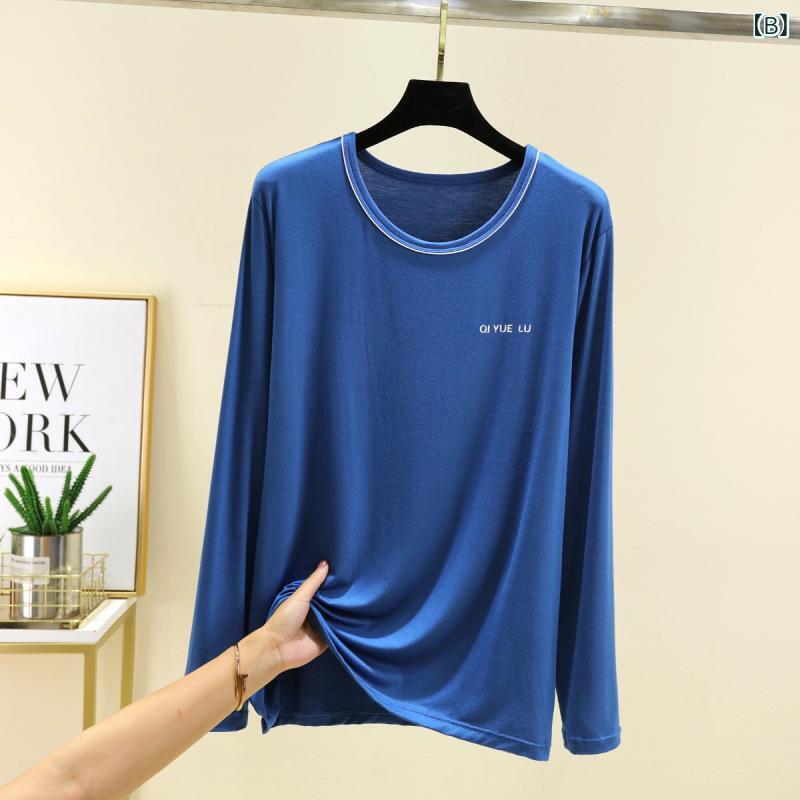 LINEAR shopのTシャツ メンズ 男性用 長袖 丸首 無地 モダール カットソー ビッグシルエット ゆったり 普段使い 部屋着 春夏 ブラック ネイビー グレー グリーン｜アングル2