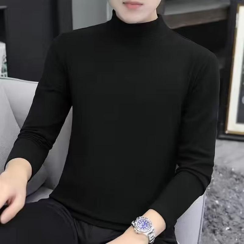 Tシャツ メンズ 秋冬 長袖 あったかインナー カットソー 半ハイネック 無地 スリム ポリエステル ブラ..