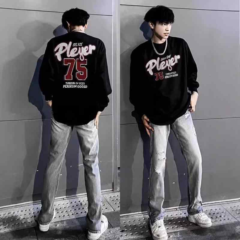 Tシャツ メンズ 男性用 長袖 コットン アルファベット柄 プリント Hiphop ストリート ダンス カジュア..