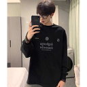 Tシャツ メンズ 長袖 コットン 韓版 プリント クルーネック カットソー トップス 男性用 普段使い 春秋 ブラック ホワイト系