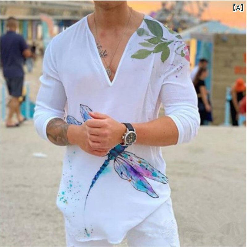 Tシャツ メンズ 男性用 Vネック 長袖 コットン混紡 花柄 プリント スタイリッシュ 中国風 快適 リラックス カジュアル トップス