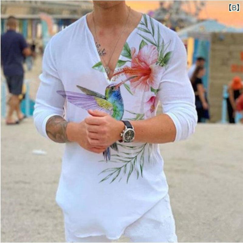 Tシャツ メンズ 男性用 Vネック 長袖 コットン混紡 花柄 プリント スタイリッシュ 中国風 快適 リラックス カジュアル トップス