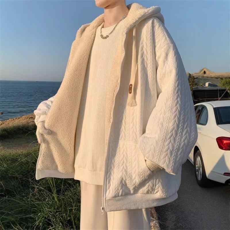 パーカー メンズ 秋冬 裏起毛 韓国 ストリート カジュアル ジップアップ 長袖 トップス ルーズフィット ポリエステル ブラック グレー ベージュ