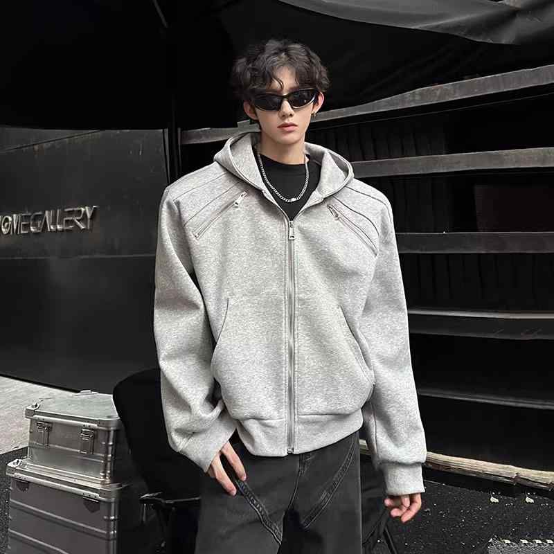 パーカー メンズ 男性用 グレー cleanfit ショート丈 パッド肩 長袖 ジップアップ フーディ 美式 廓形 ポリエステル混紡 春 スタイル