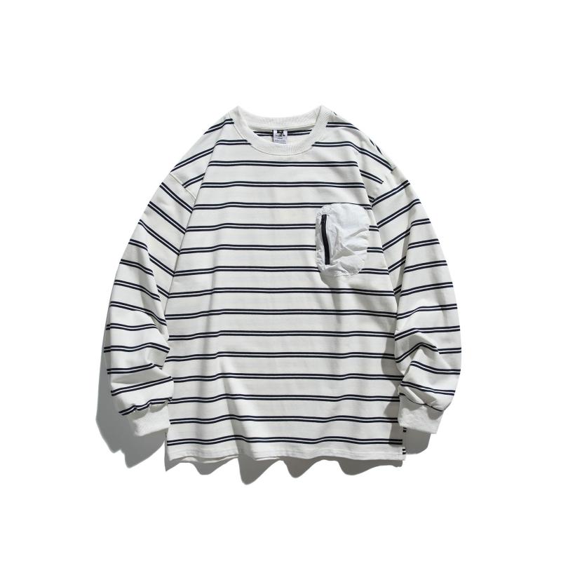 Tシャツ メンズ 男性用 ボーダー柄 長袖 カットソー 春秋 綿 ゆったり おしゃれ カジュアル ミディアム丈 米白 紺