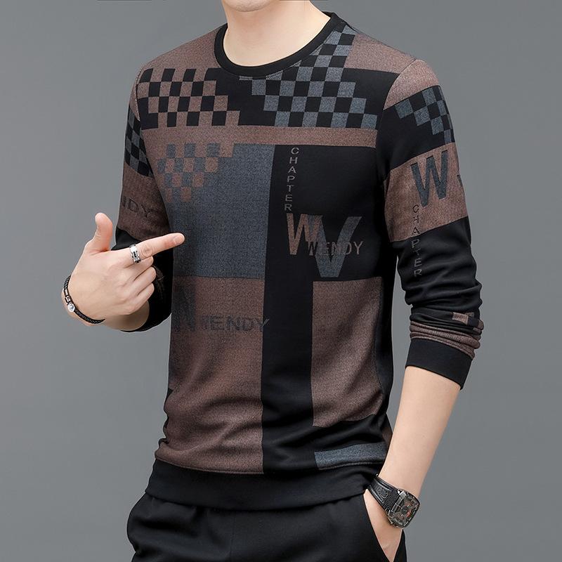 Tシャツ メンズ 長袖 カットソー プルオーバー トップス 韓国 スタイル カジュアル 普段使い 春秋 ポリエステル プリント M L XL 2XL 3XL 4XL ブラウン グレー