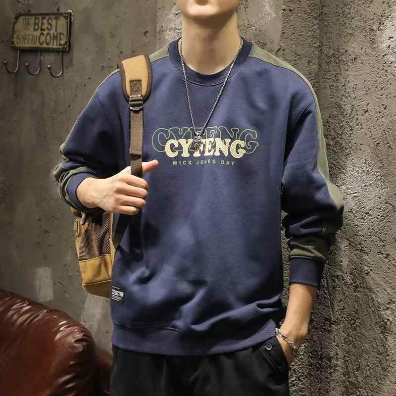 スウェット メンズ 秋物 トレーナー 男性用 春秋 ラウンドネック 配色 切替 長袖 コットン混紡 大きめサイズ 普段使い 部屋着 スエット 紺色 ダークグレー ブラック