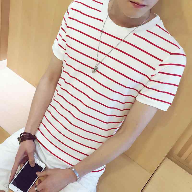 Tシャツ メンズ 男性用 半袖 トップス カットソー ボーダー柄 スリムフィット 薄手 ラウンドネック 春夏 カジュアル 普段使い ポリエステル レッド系 ブラック系 ホワイト系