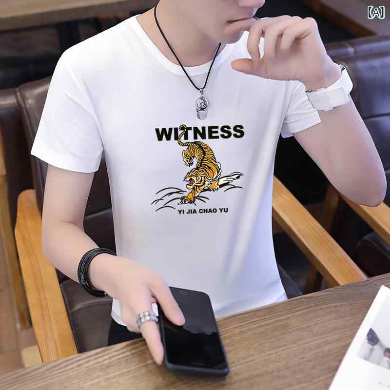 Tシャツ メンズ 半袖 プリントTシャツ スリムフィット トップス カットソー ポリエステル 薄手 カジュアル 春夏 ホワイト ブラック 2