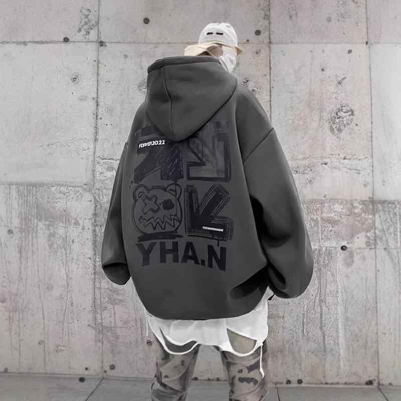 パーカー メンズ 春秋 港風 プルオーバー スウェット ゆったり プリント トップス 長袖 白 黒 グレー ポリエステル