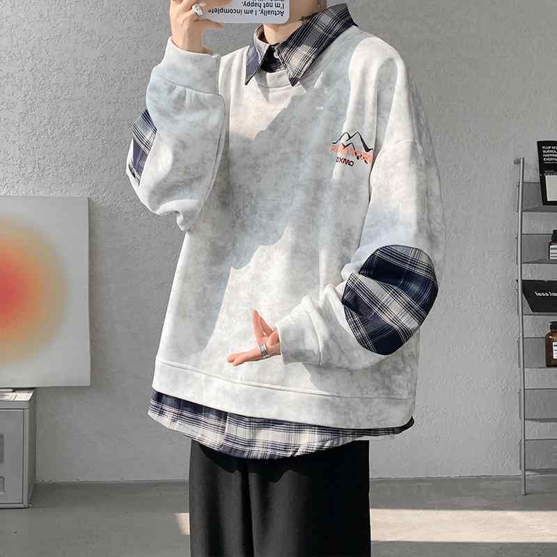 スウェット メンズ 男性用 プルオーバー トップス 裏起毛 絞り染め 配色 格子柄 フェイクレイヤード 宽松 日常着 普段使い ポリエステル