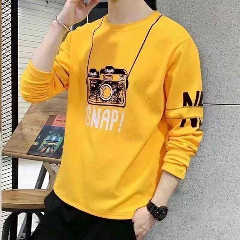 Tシャツ メンズ 長袖 カットソー 丸首 韓国 スリムタイプ プルオーバー 秋物 ポリエステル ブラック ホワイト イエロー