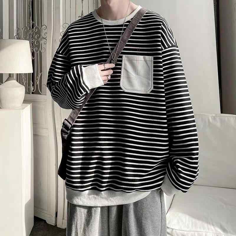 スウェット メンズ 春秋 長袖 ストライプ柄 プルオーバー トップス ゆったり カジュアル 黒 白 M L XL 2XL 3XL