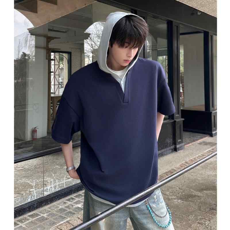 Tシャツ メンズ Vネック 半袖 パーカー 大きいサイズ ゆったり 薄手 グレー 紺色 男性用 トップス 部屋着 普段使い カジュアル