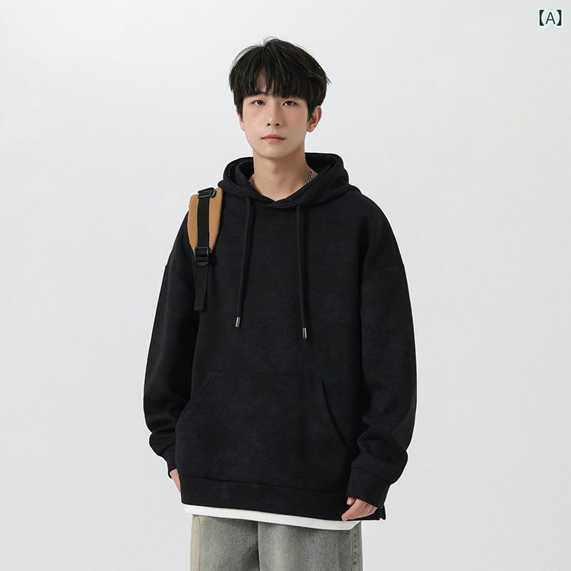 スウェット メンズ 男性用 トップス 秋物 コットン 扎染風 プルオーバー パーカー 長袖 ルーズフィット ブラック ホワイト ピンク系 2