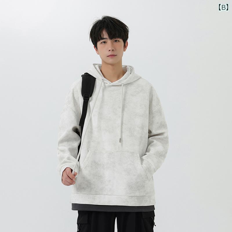 スウェット メンズ 男性用 トップス 秋物 コットン 扎染風 プルオーバー パーカー 長袖 ルーズフィット ブラック ホワイト ピンク系 3