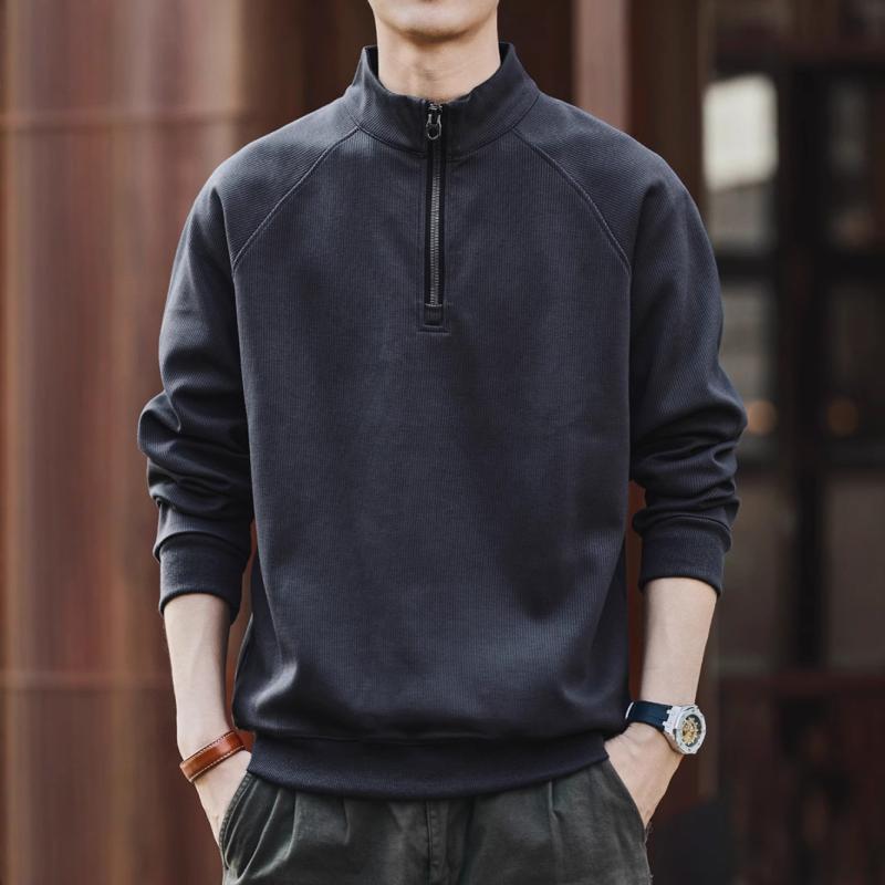 スウェット メンズ プルオーバー 秋冬 裏起毛 立襟 ハーフジップ トレーナー ゆったり ポリエステル 綿 混紡 トップス カジュアル ストリート 普段着 部屋着 防寒 グレー ブラウン ブラック パープル