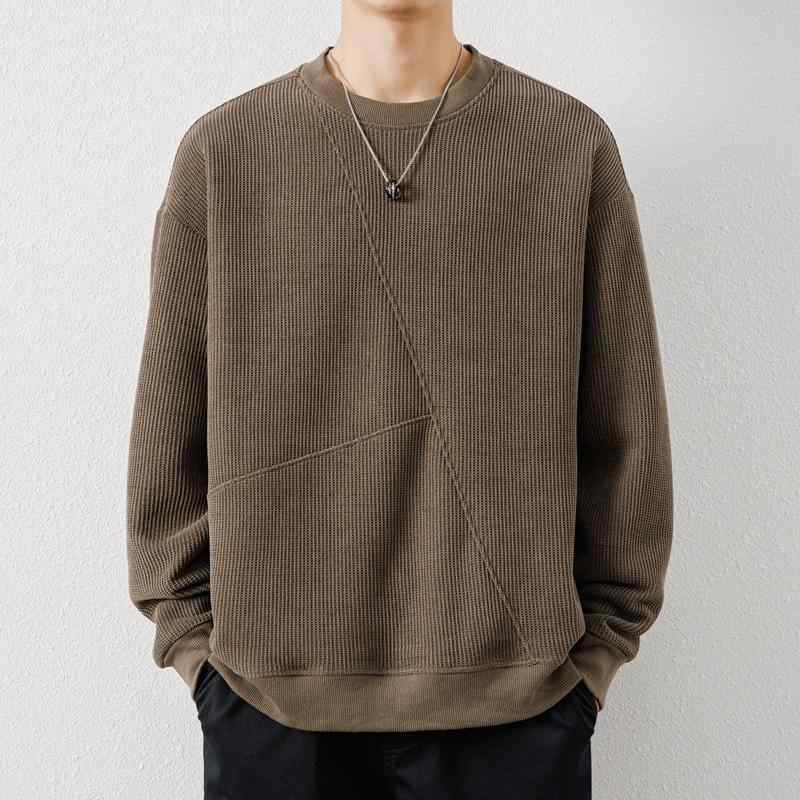 メンズ パーカー スウェット プルオーバー 秋冬 風 切り替え ワッフル 厚手 ルーズフィット 長袖 トップス カジュアル 男性用 普段使い ポリエステル カーキ オートミール ブラック グリーン