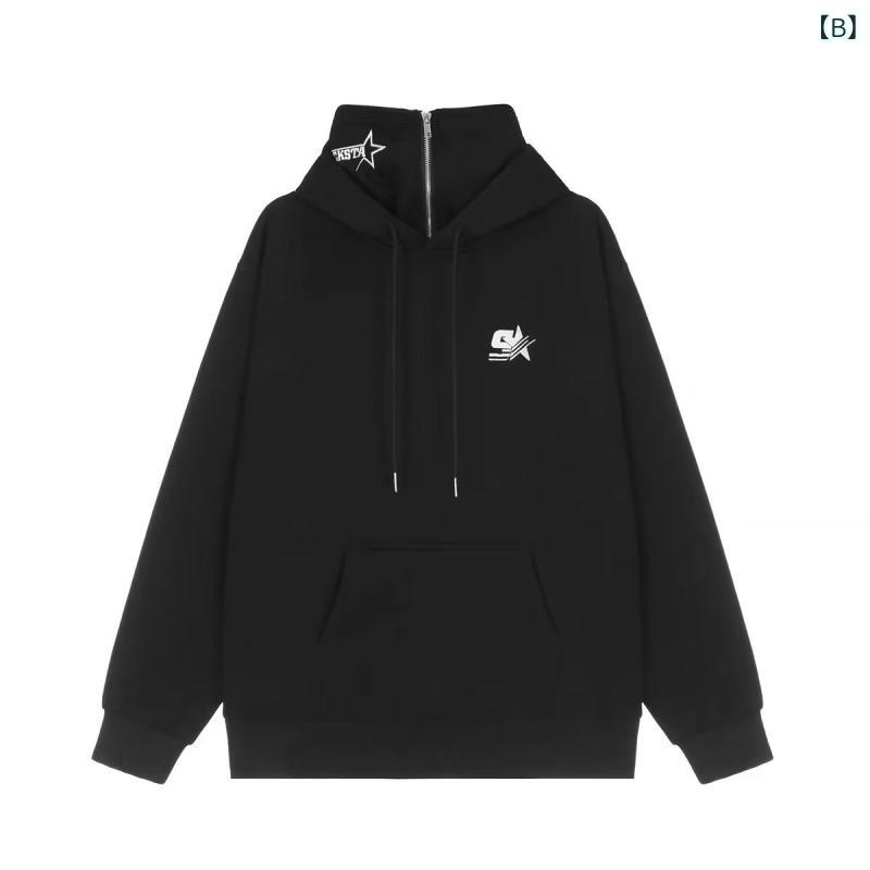 パーカー メンズ ストリート プリント プルオーバー フード付き 長袖 トップス ゆったり カジュアル スタイル 秋冬 ポリエステル ブラック グレー