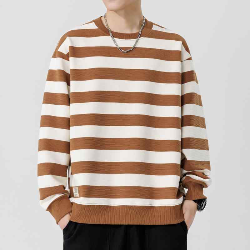 メンズ トレーナー 秋冬 長袖 丸首 ストライプ プルオーバー ゆったり リラックス ルームウェア 普段使い 部屋着 ポリエステル 黒 ブラック 緑 グリーン 焦糖色 キャラメル