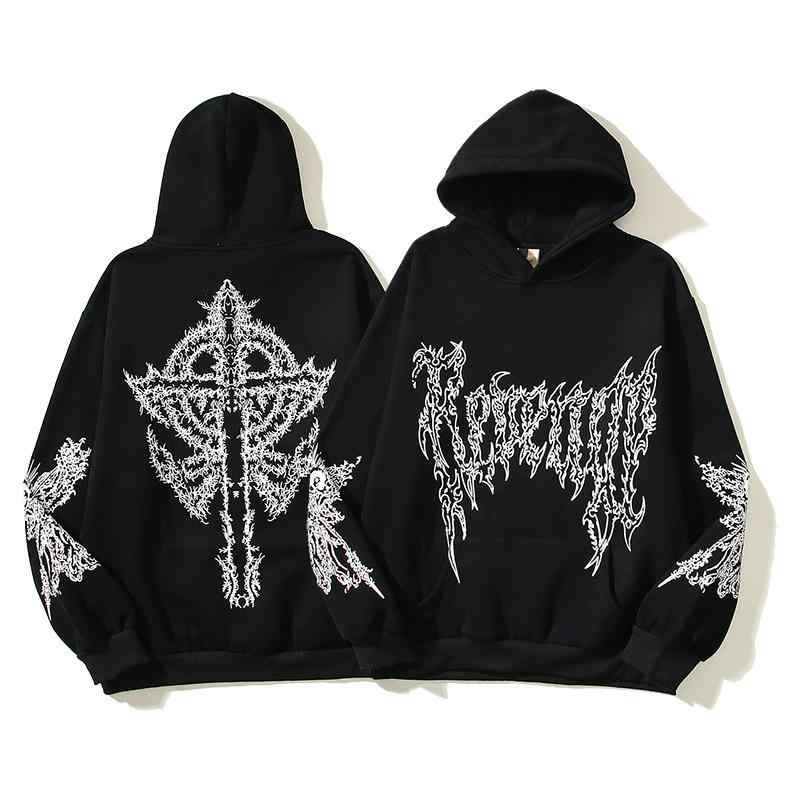 パーカー メンズ 男性用 十字架 スカル ドクロ プリント フード付き 裏起毛 黒 ブラック ストリート カジュアル 秋冬
