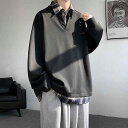 トレーナー メンズ 男性用 春物 配色 切り替え シャツ襟付き 裏起毛 大きいサイズ 亜麻混紡 ホワイト系 ブラック系