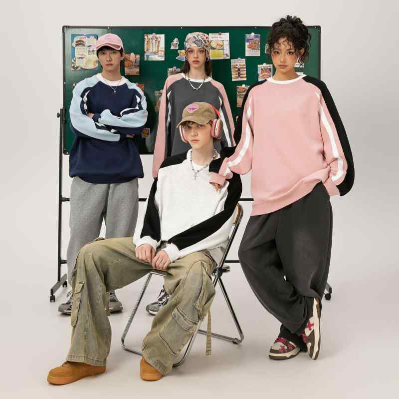 スウェット メンズ トレーナー 配色 切り替え アメカジ カジュアル ゆったり ルーズフィット 春秋 コットン混紡 普段使い 部屋着 紺色 ネイビー ブルー ピンク グレー