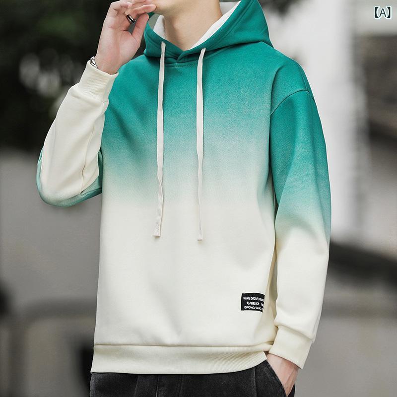 パーカー メンズ グラデーション 長袖 春秋 普段使い ゆったりサイズ フード付き プルオーバー トップス ポリエステル グリーン ブラック グレー ピンク系 M L XL 2XL 3XL
