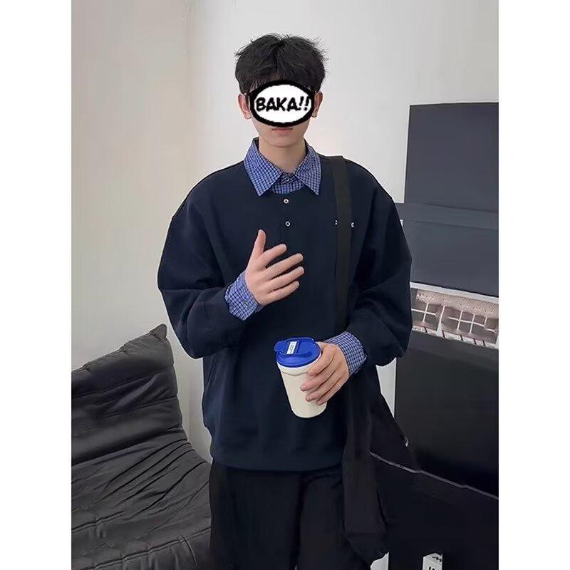 ポロシャツ メンズ 長袖 配色 切り替え 刺繍 美式 レトロ プルオーバー スウェット トレーナー グレー ..