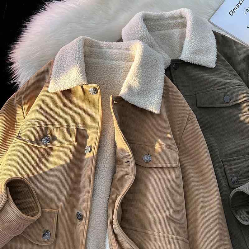 ジャケット 男性用 ランチジャケット 裏ボア コーデュロイ 秋冬 厚手 襟付き 複数ポケット ブラック カーキ アーミーグリーン