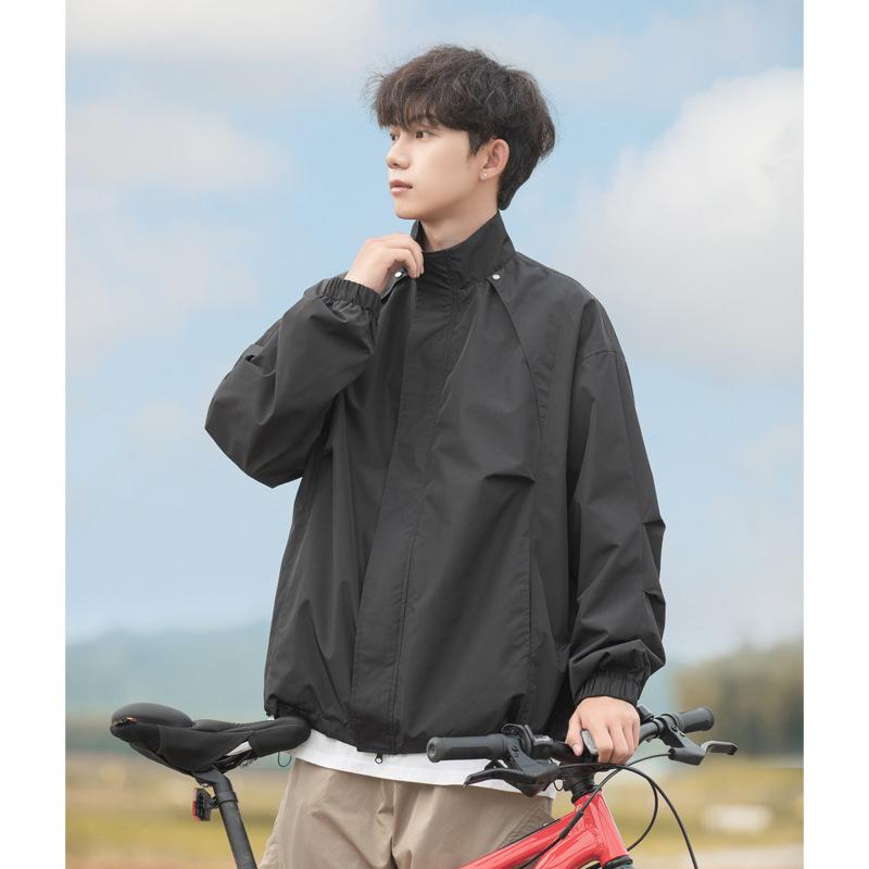 ジャケット メンズ 防水 スタンドカラー ワークジャケット 春秋 ブルゾン ゆったり 無地 ポリエステル 黒/茶/グレー アウトドア カジュアル