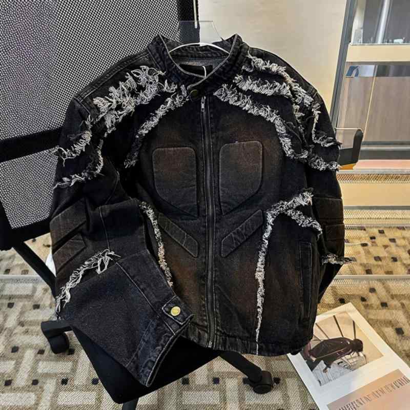デニムジャケット メンズ 秋冬 立襟 浮き彫り 美品 毛羽立ち加工 ゆったりサイズ アメカジ ブルゾン ブラック ブルー