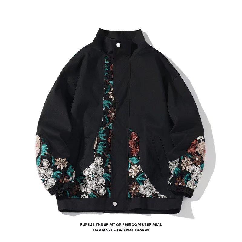 戶外 - ジャケット メンズ 春秋 ブルゾン ゆったり 耐摩耗 防風 刺繡 ストリートスタイル 配色 ブラック