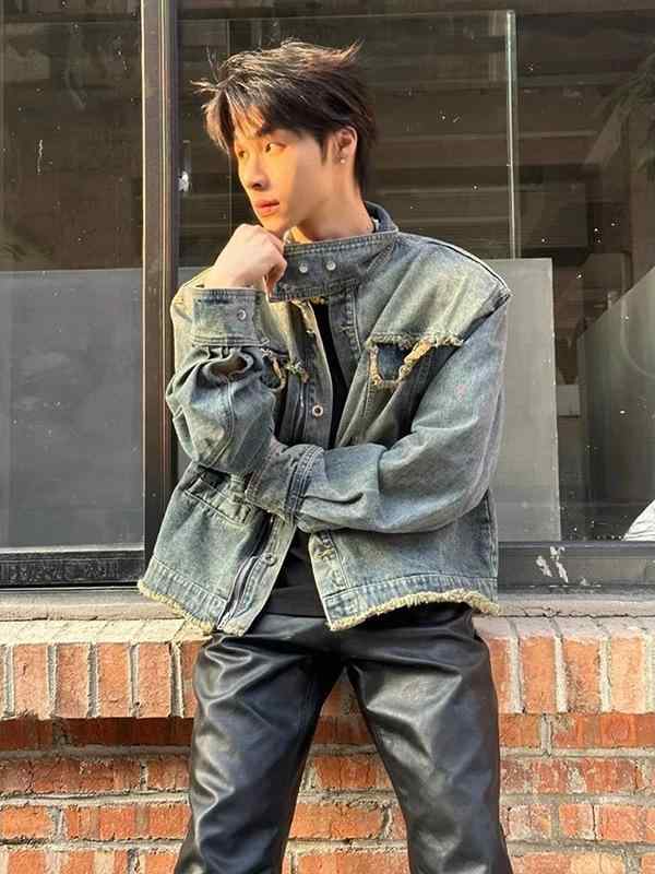 ジャケット メンズ Gジャン デニム 立襟 ウォッシュ加工 ドロップショルダー 春秋 ストリート カジュアル アメカジ ブルー