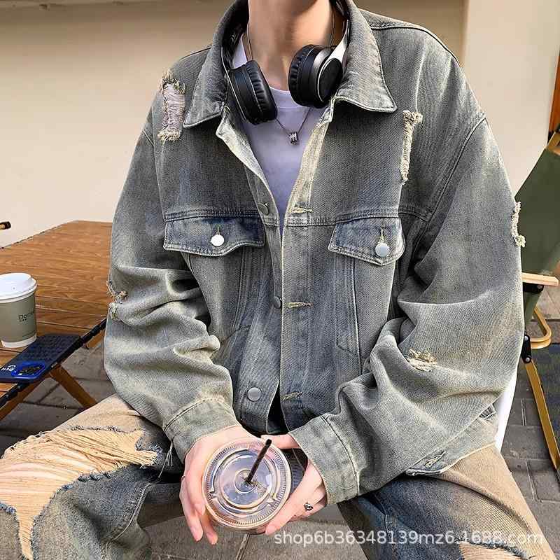 ジャケット メンズ デニム ウォッシュ加工 ダメージ加工 ルーズフィット ブルゾン Gジャン 春秋 韓国 コットン 若者 レトロブルー ブラック