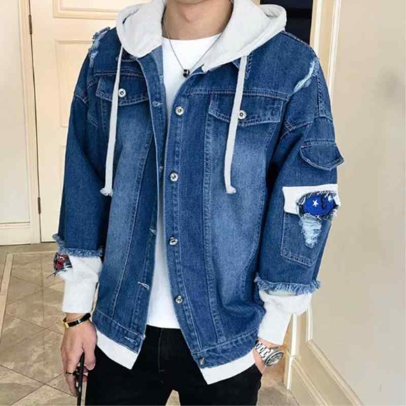ジャケット メンズ 男性用 デニムジャケット Gジャン ブルゾン フード付き 春秋 カジュアル ゆったり 浅青 濃紺色