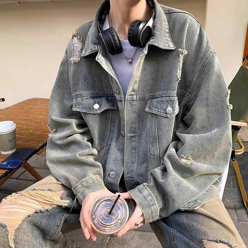 デニムジャケット メンズ ウォッシュ加工 ダメージ加工 Gジャン ブルゾン アメカジ 春秋 黒 ブラック 青 ブルー