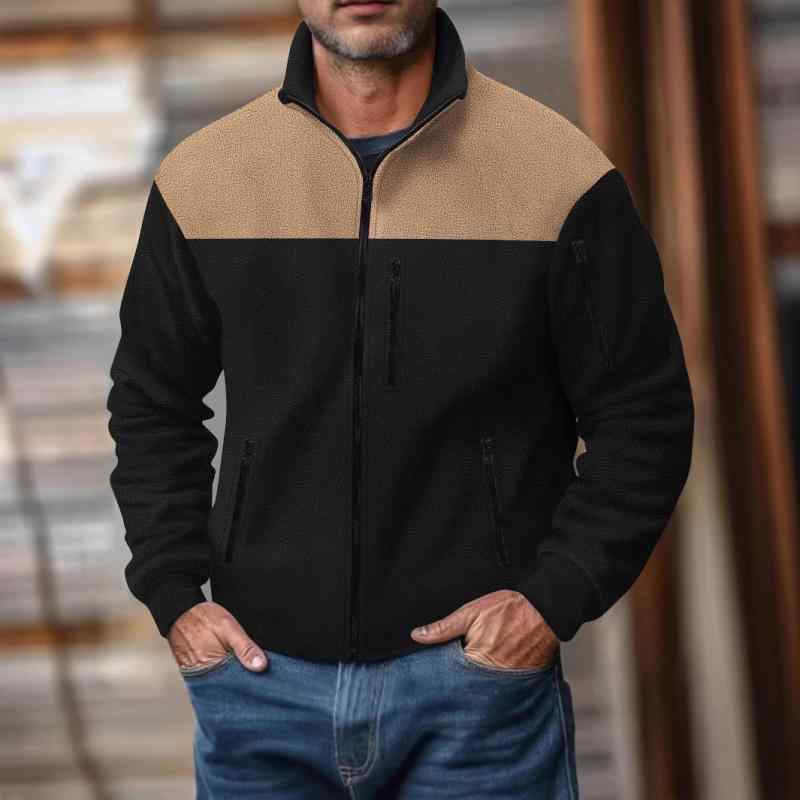 ジャケット メンズ 男性用 フリース 防風 アウター 配色 秋冬 カジュアル 立襟 ジャンパー ブルゾン アウトドア 普段使い 部屋着 カーキ グレー ネイビー ブラック ポリエステル