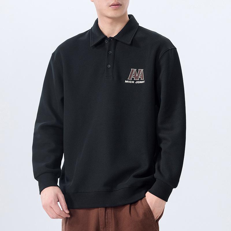 ポロシャツ メンズ 長袖 スウェット ビッグシルエット コットン 襟付き トップス プルオーバー 春秋 普段使い 部屋着 ブラック 黒 コーヒー ブラウン