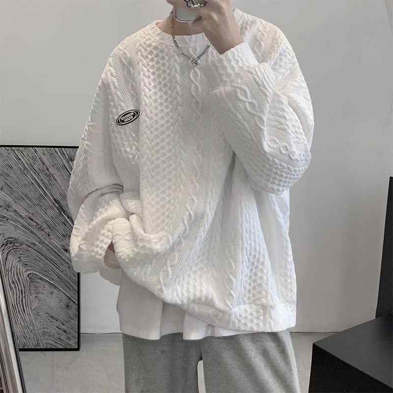 スウェット メンズ 男性用 トップス ワッフル 長袖 プルオーバー 春秋 韓国 ルーズ ゆったり ストリート カジュアル ブラック ホワイト グレー